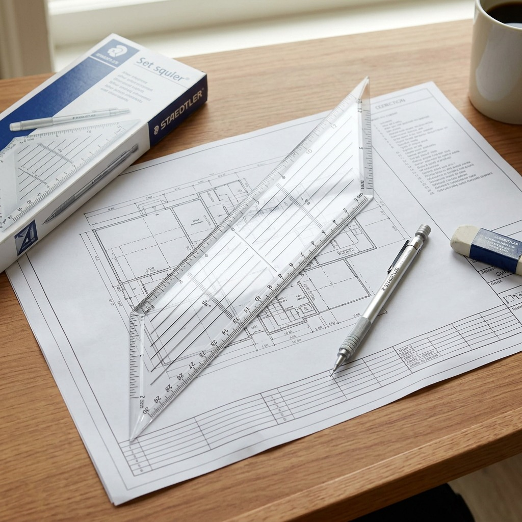 STAEDTLER – Équerre transparente 10 po, 45°/90°, réf. 964-10-45A02NA — vue en utilisation