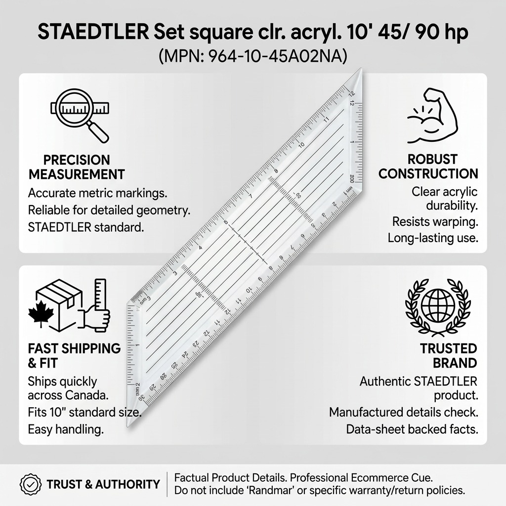 STAEDTLER – Équerre transparente 10 po, 45°/90°, réf. 964-10-45A02NA — caractéristiques illustrées