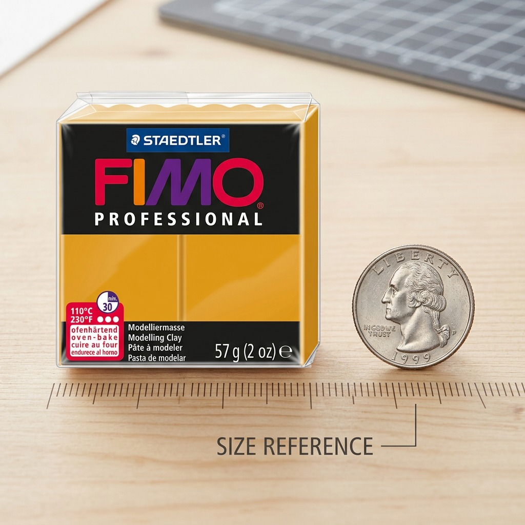 A high-resolution, pure product shot of the STAEDTLER Fimo Professional 57g ochre clay block, centered on a seamless white background. Features the correct shape, ochre color, and intricate product details including logos and markings. Clear wrap and realistic scale.