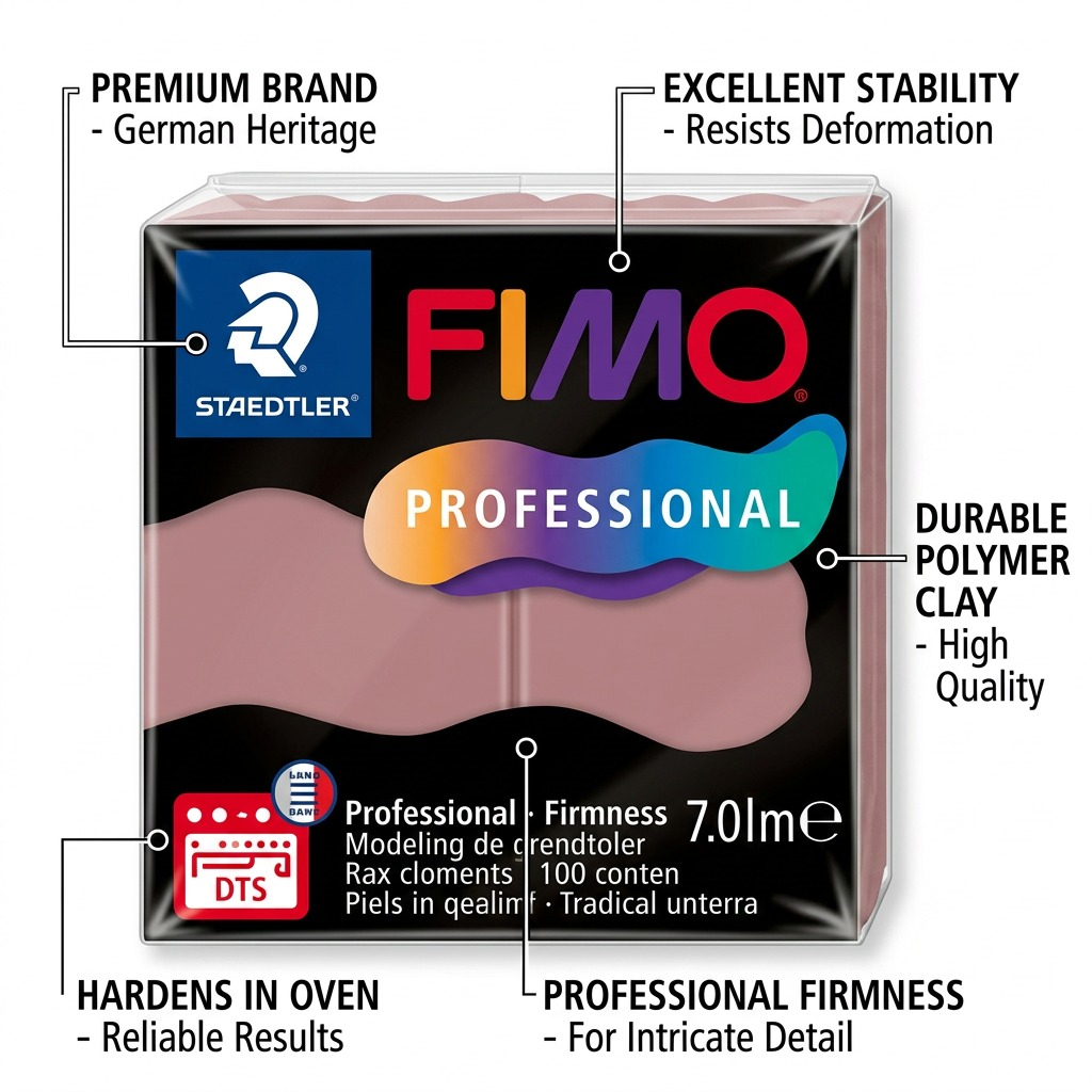 FIMO Professional – Pâte rose poudré 57 g, réf. 8040-20 — caractéristiques illustrées