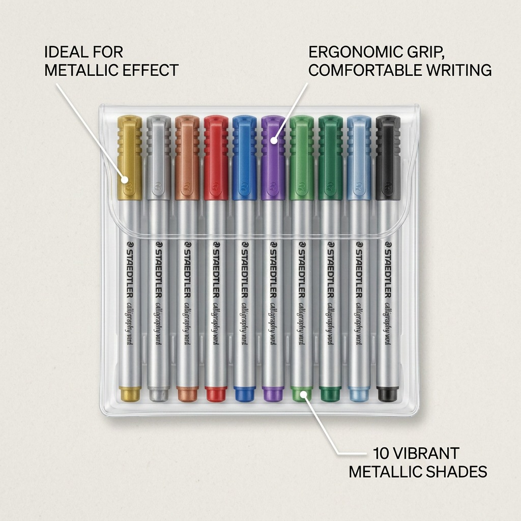 STAEDTLER – Lot de 10 marqueurs métal pour calligraphie, réf. 8325TB10A6 — caractéristiques illustrées