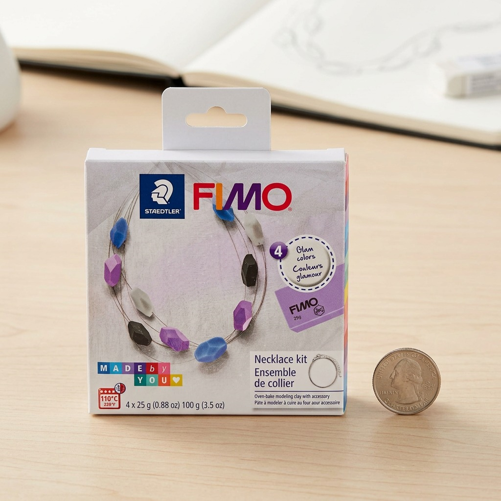 Pure hero shot of the STAEDTLER Fimo DIY Necklace kit (8025DIY8, UPC 4007817093276), showcasing the kit contents. The 4 blocks of clay with individual wrappers, the multi-strand wire neck rings with the clasps and the finished multi-gemstone styled jewelry piece itself. Set against a pure white background with a clean shadow. High-resolution ecommerce photo with accurate materials.
