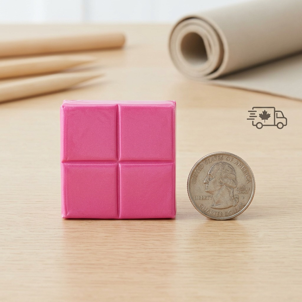 High-resolution centered studio photo of a 57g Staedtler FIMO Effect modelling clay block in vibrant pink, encased in transparent wrapping, on a pure white background.