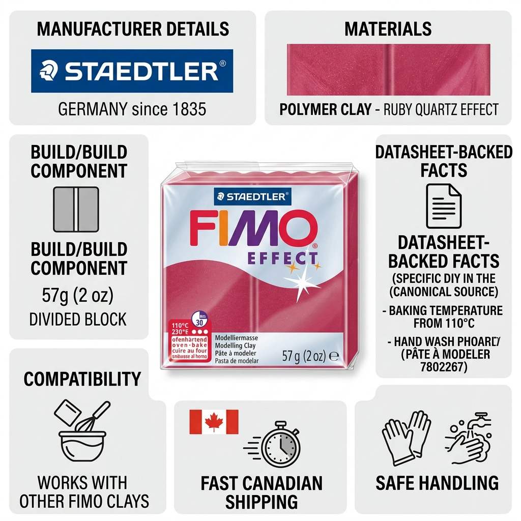 FIMO Effect – Pâte quartz rubis 57 g, réf. 8020-286 — caractéristiques illustrées