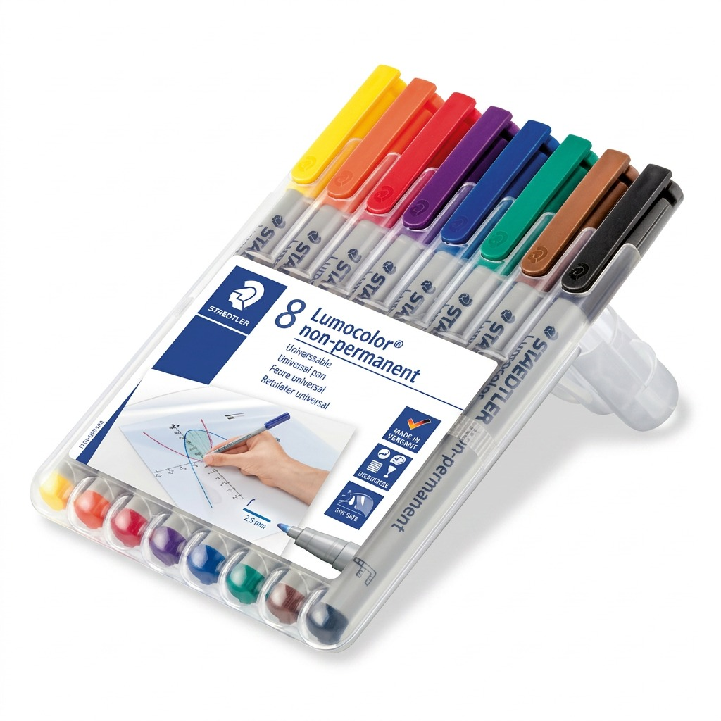 STAEDTLER Lumocolor – 8 marqueurs effaçables fin, réf. 316-WP8-10 — vue du produit sur fond clair