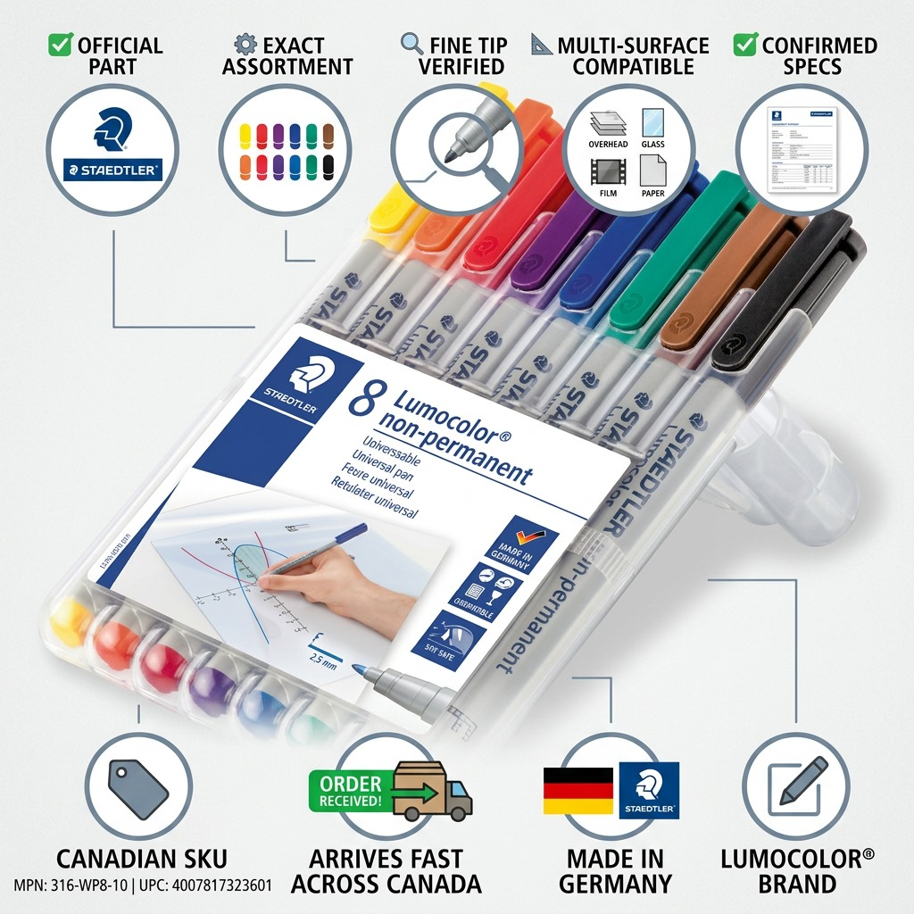 A high-resolution, pure white background product image of the STAEDTLER Lumocolor 316-WP8 marker set.