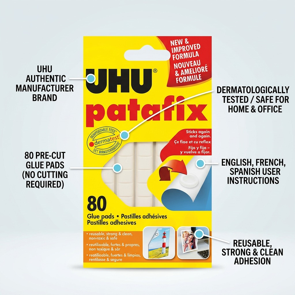 UHU Patafix – Pastilles adhésives, 50 pièces, réf. 9U-33820 — caractéristiques illustrées