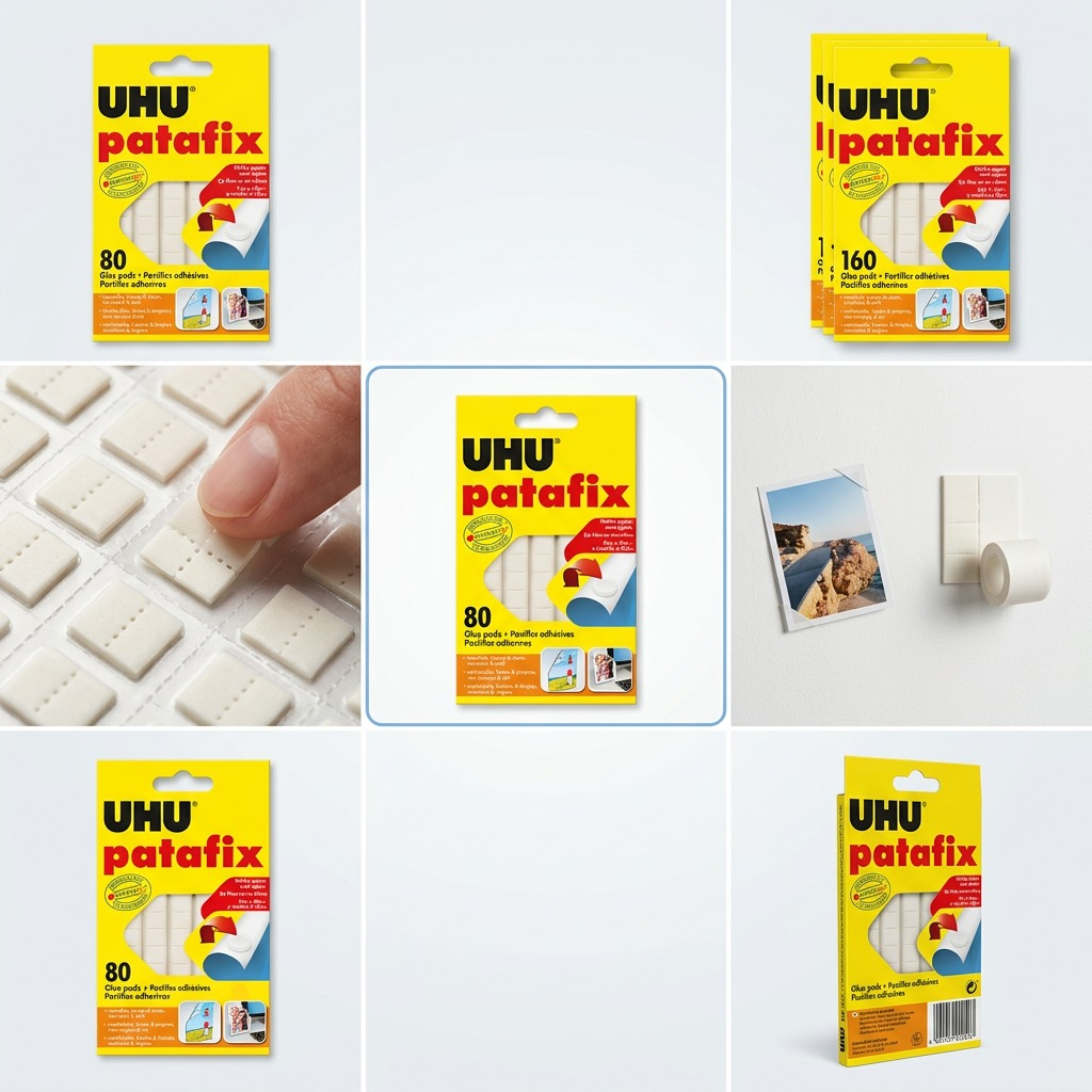 UHU Patafix – Pastilles adhésives, 50 pièces, réf. 9U-33820 — caractéristiques illustrées