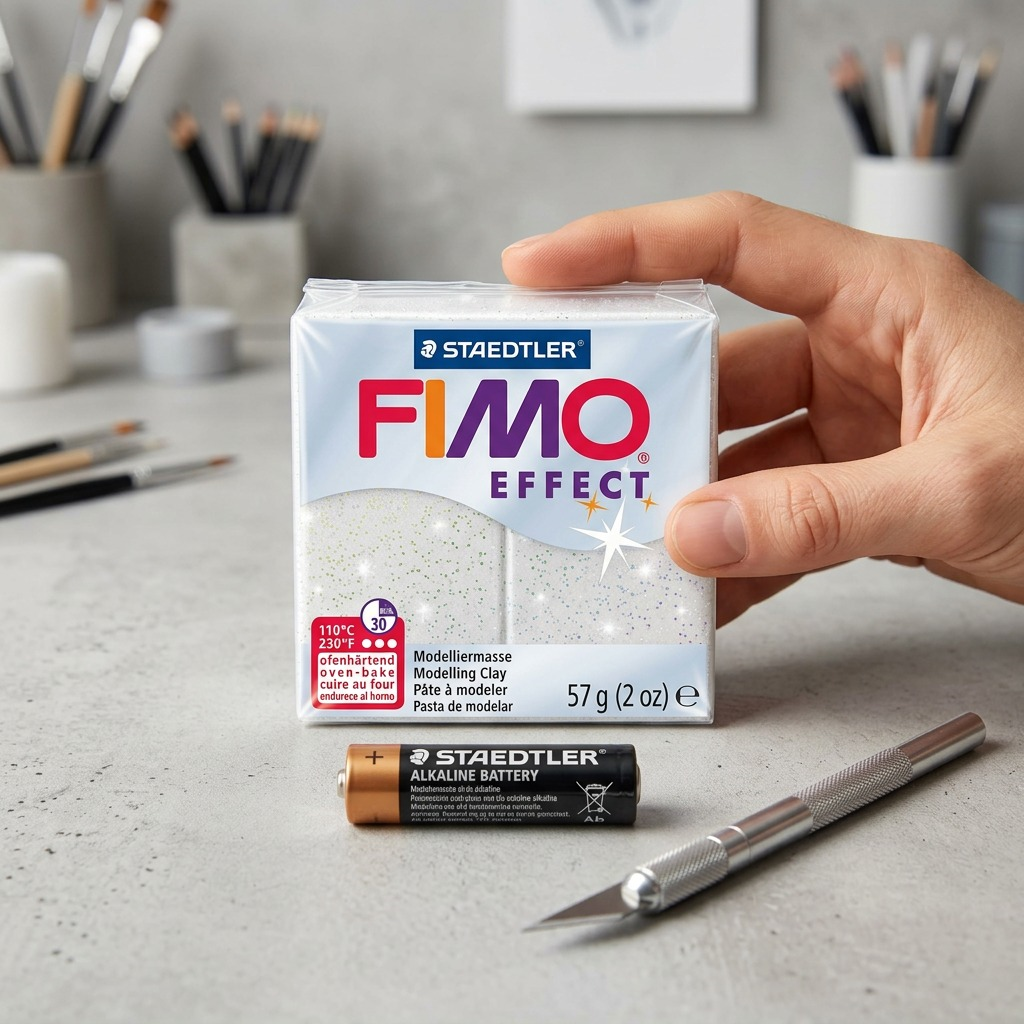 A high-resolution product shot of STAEDTLER Fimo Effect glitter modelling clay block, 57g (2 oz), wrapped in clear sparkling film, with prominent brand logo and baking instructions.