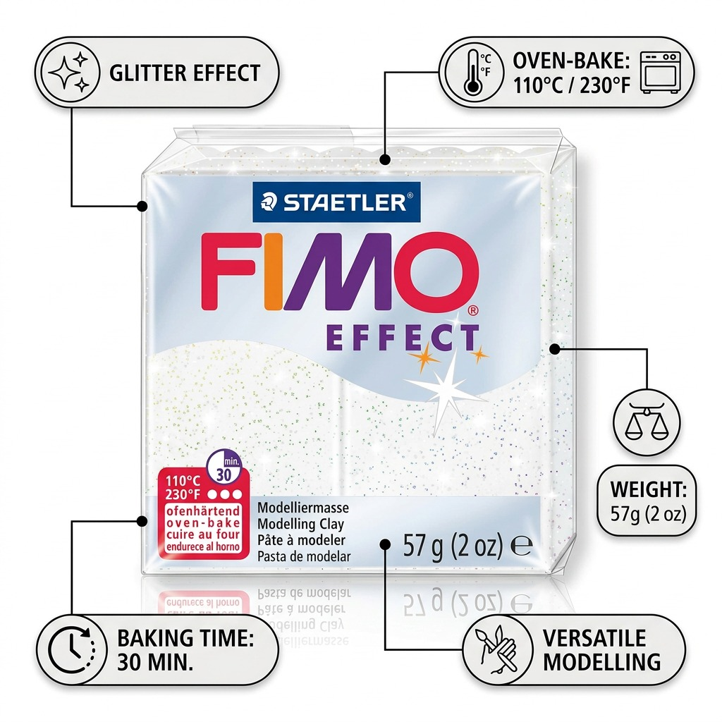 FIMO Effect – Pâte blanche pailletée 57 g, réf. 8020-052 — caractéristiques illustrées