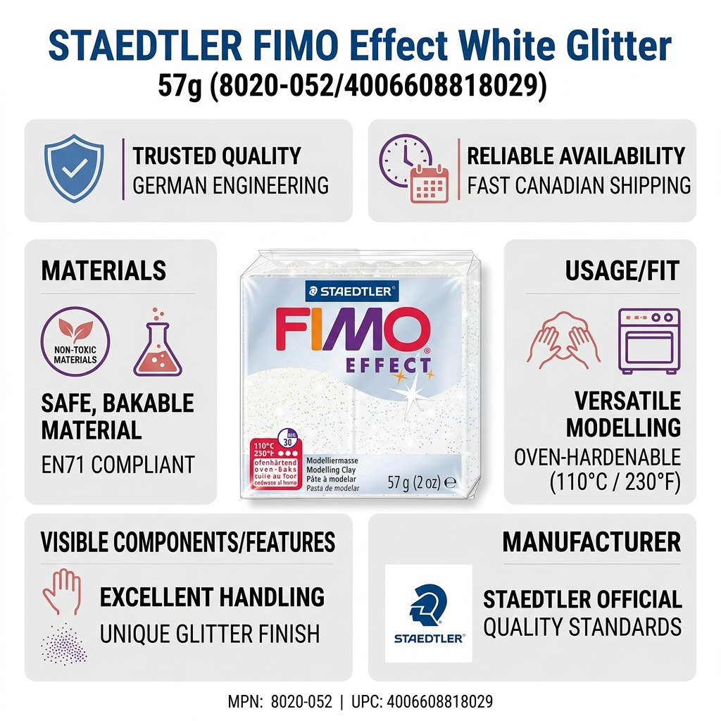 FIMO Effect – Pâte blanche pailletée 57 g, réf. 8020-052 — caractéristiques illustrées