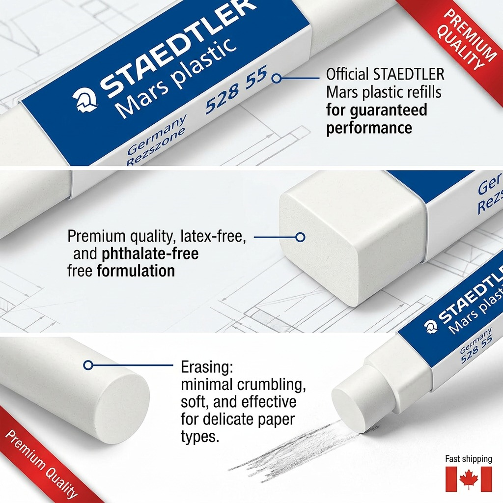 STAEDTLER Mars plastic – Lot de recharges de gomme à effacer, réf. 52855BK2A6 — caractéristiques illustrées