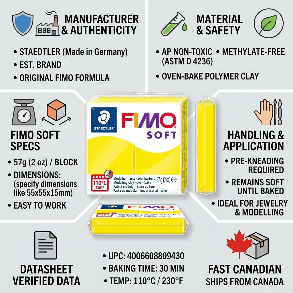 FIMO Soft – Pâte jaune citron 57 g, réf. 8020-10 — caractéristiques illustrées