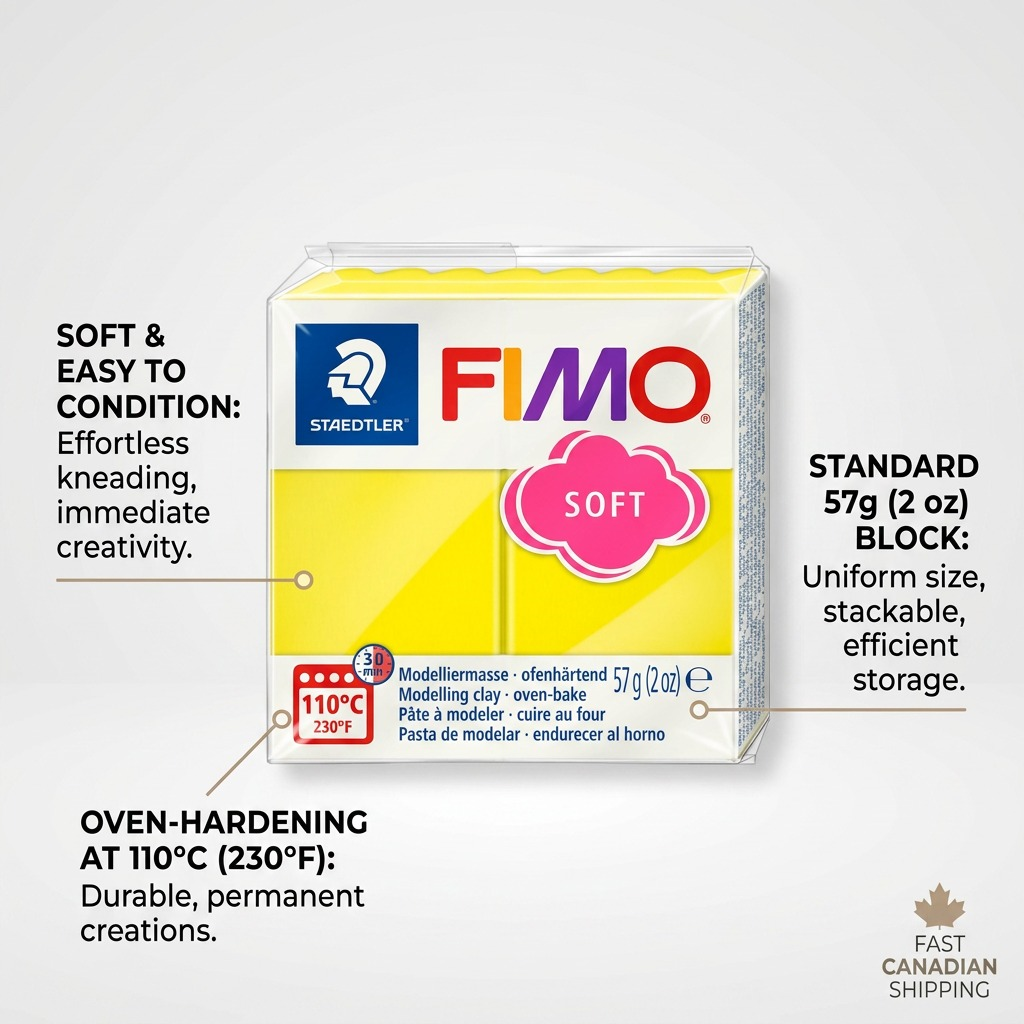 FIMO Soft – Pâte jaune citron 57 g, réf. 8020-10 — caractéristiques illustrées