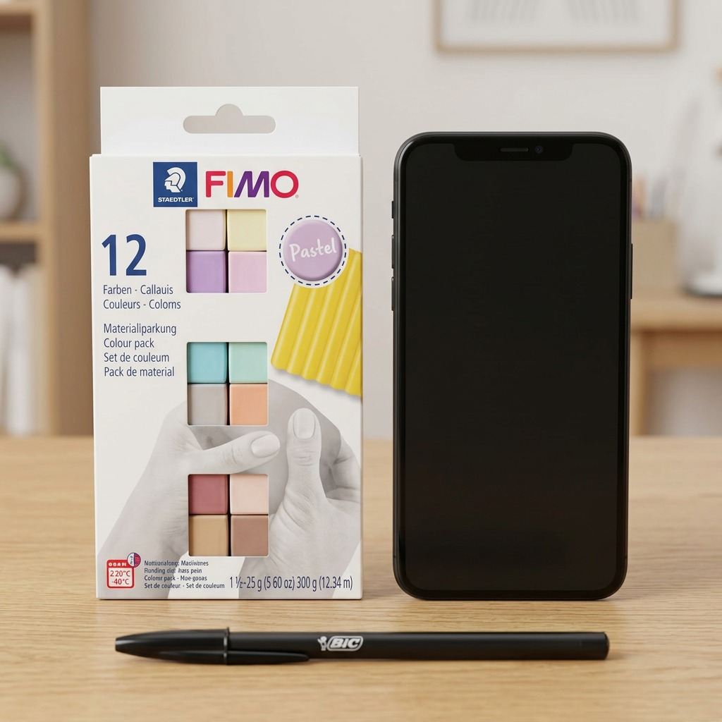 High-resolution hero shot of STAEDTLER Fimo Soft Pastel 12 Color Pack modeling clay on white background.