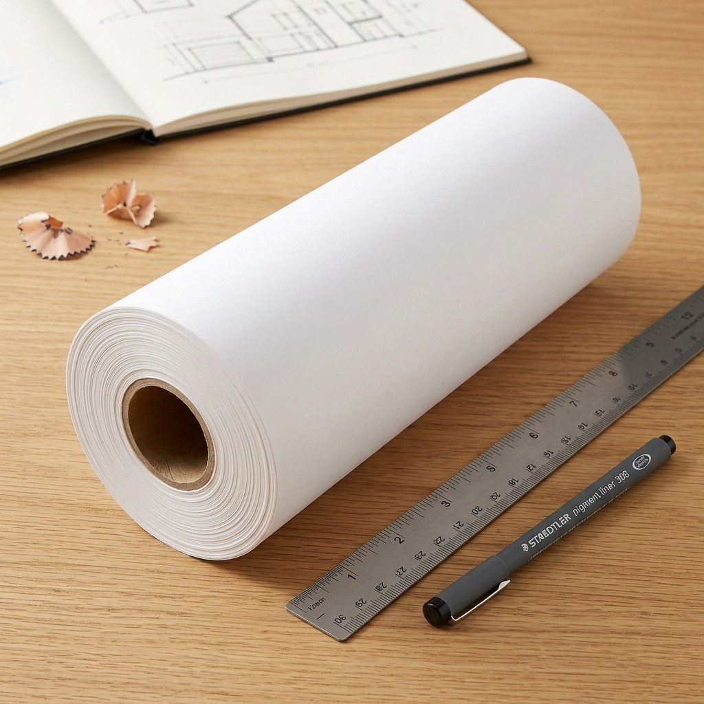 A 12-inch paper sketch roll next to standard pen and ruler for scale.