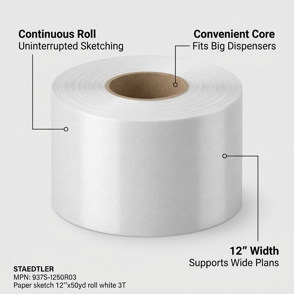 An ecommerce feature graphic of a STAEDTLER sketch paper roll with pointer lines highlighting key features and benefits.
