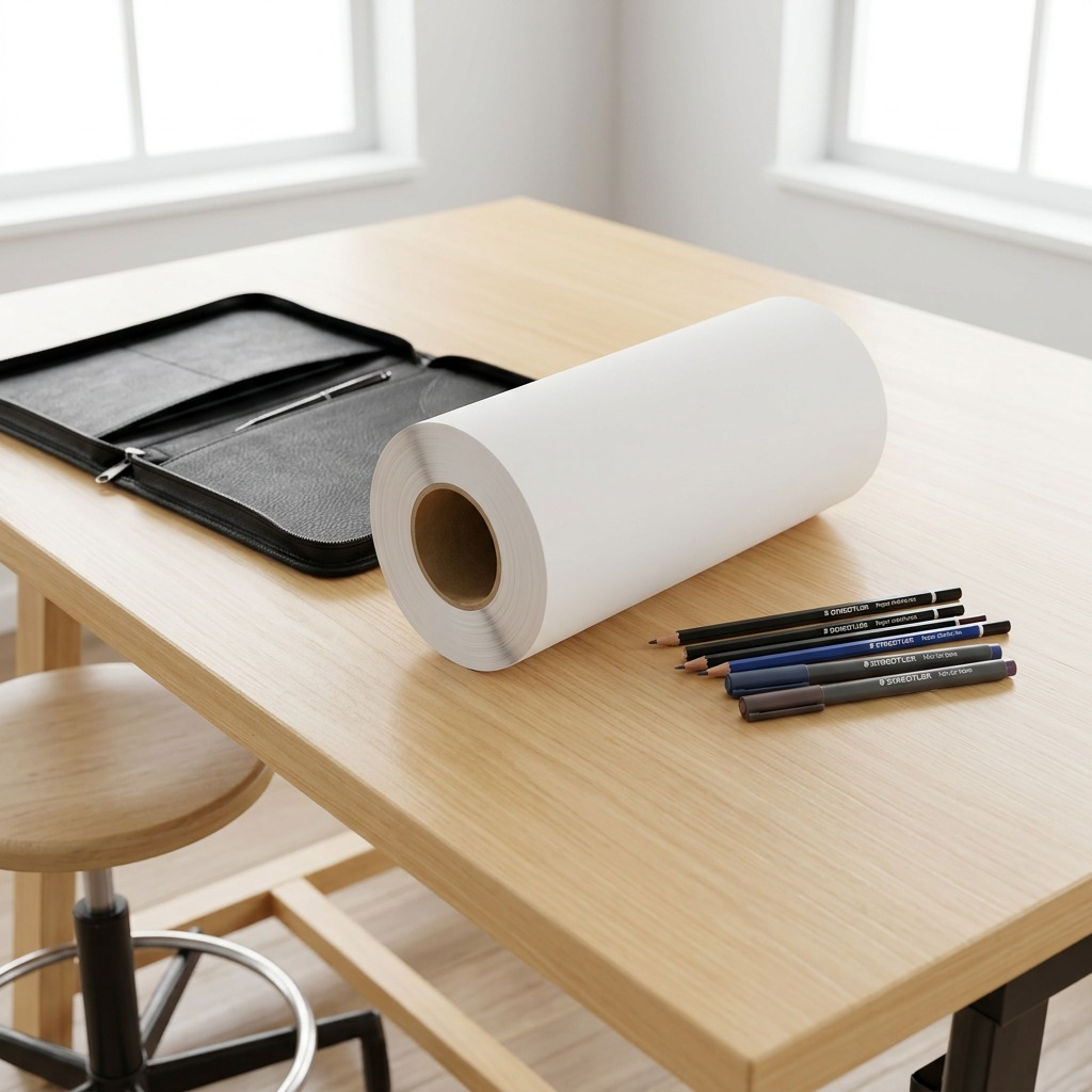 The STAEDTLER Paper sketch 12''x50yd white roll is shown in an architect's studio, sitting on a smooth light wood surface, next to a structured leather portfolio and drawing leads.