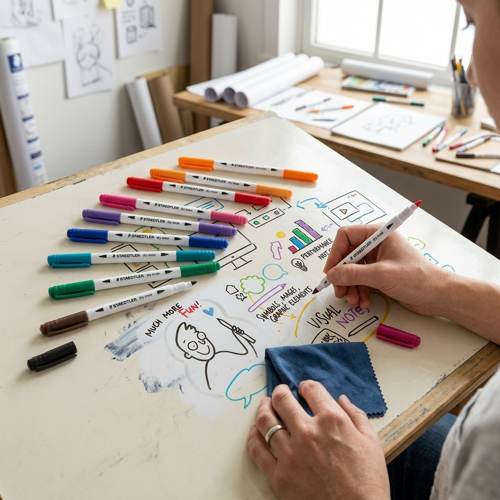 STAEDTLER 10 marqueurs effaçables à sec double pointe, réf. 3010TB10LU — présentation en utilisation
