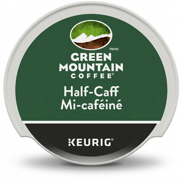 Hero shot of a Green Mountain Coffee Half-Caff K-Cup pod for Keurig brewers.