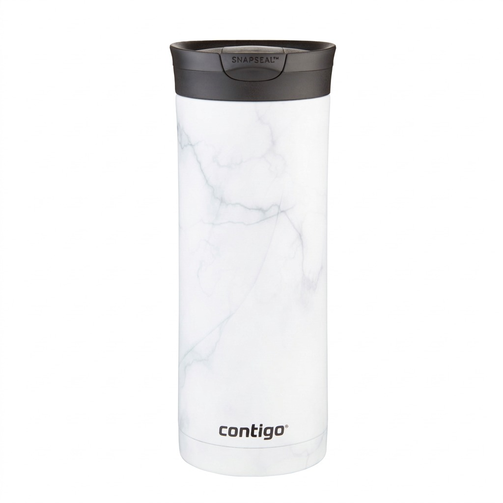 Contigo Huron 2.0 Couture SNAPSEAL – Tasse de voyage isotherme 20 oz (591 ml), White Marble — présentation en situation, réf. 2119395