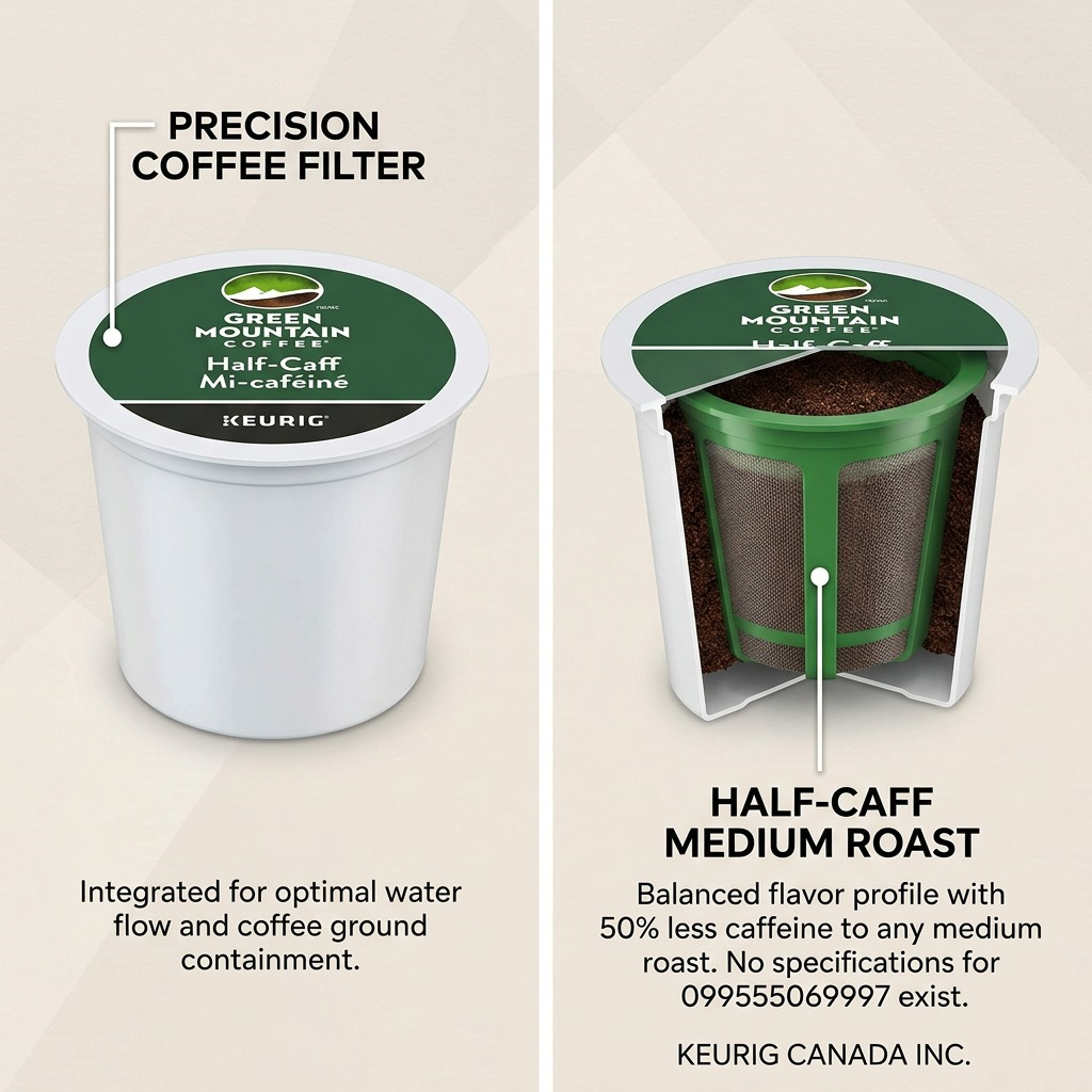 Operational callout graphic for K-Cup, illustrating a 'PRECISION FILTER' within the pod and stating 'BALANCED FLAVOR, HALF THE CAFFEINE' for a Green Mountain coffee.