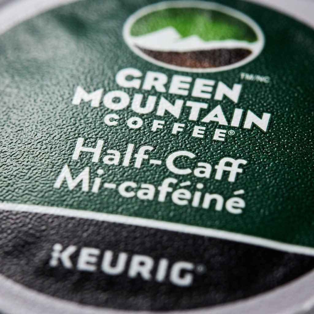 Extreme macro photo showing the detailed Green Mountain foil seal texture and sharp printing.
