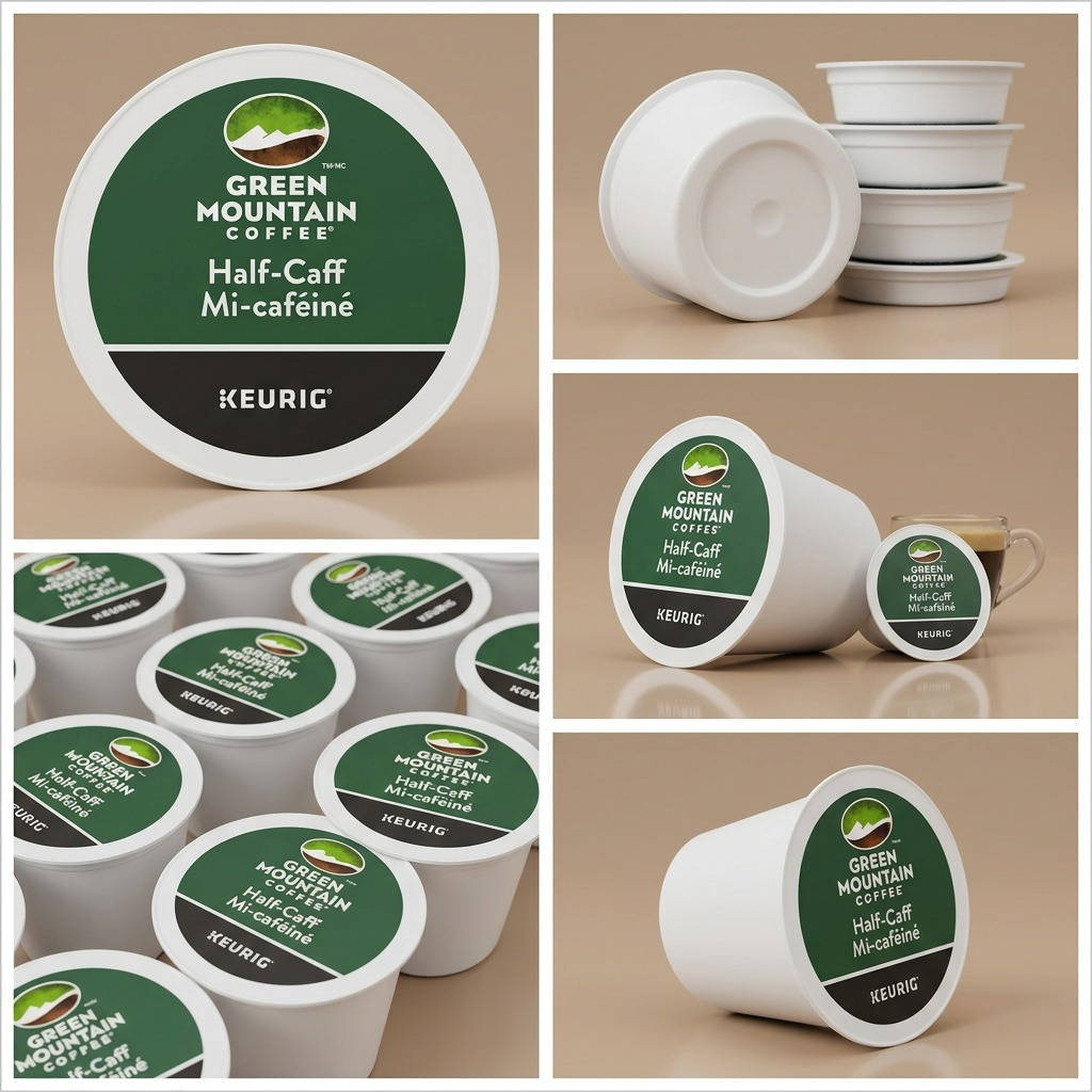 PDP visual matrix showcasing five different views of the Green Mountain Half-Caff K-Cup.
