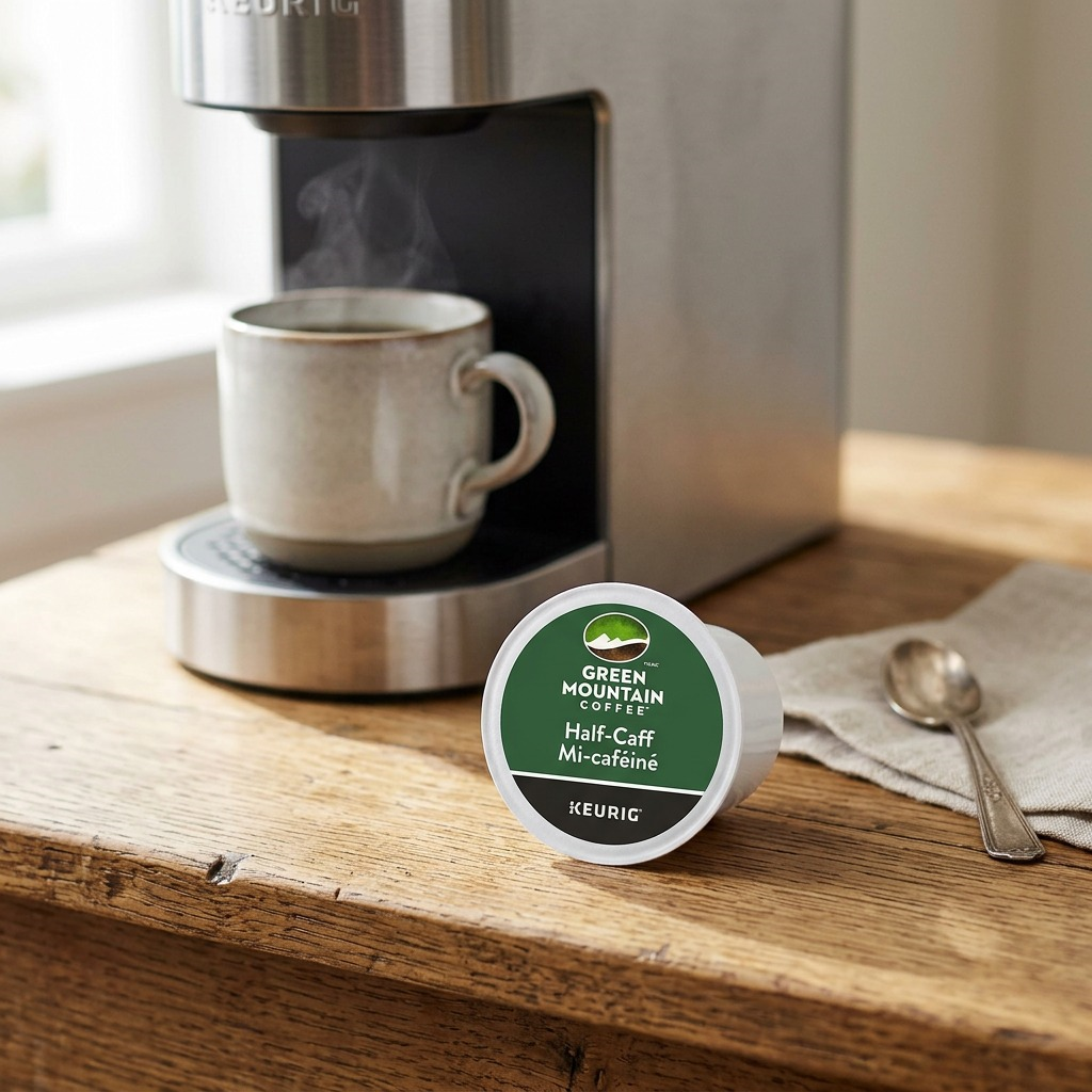 A Keurig K-Cup 'Half-Caff' pod rests on a rustic wood surface, illuminated by sunlight.