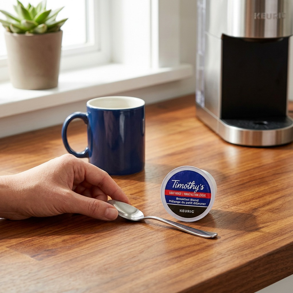 A lifestyle image showing one Timothy's Breakfast Blend K-Cup positioned on a desk surface next to standard kitchen utensils for scale.