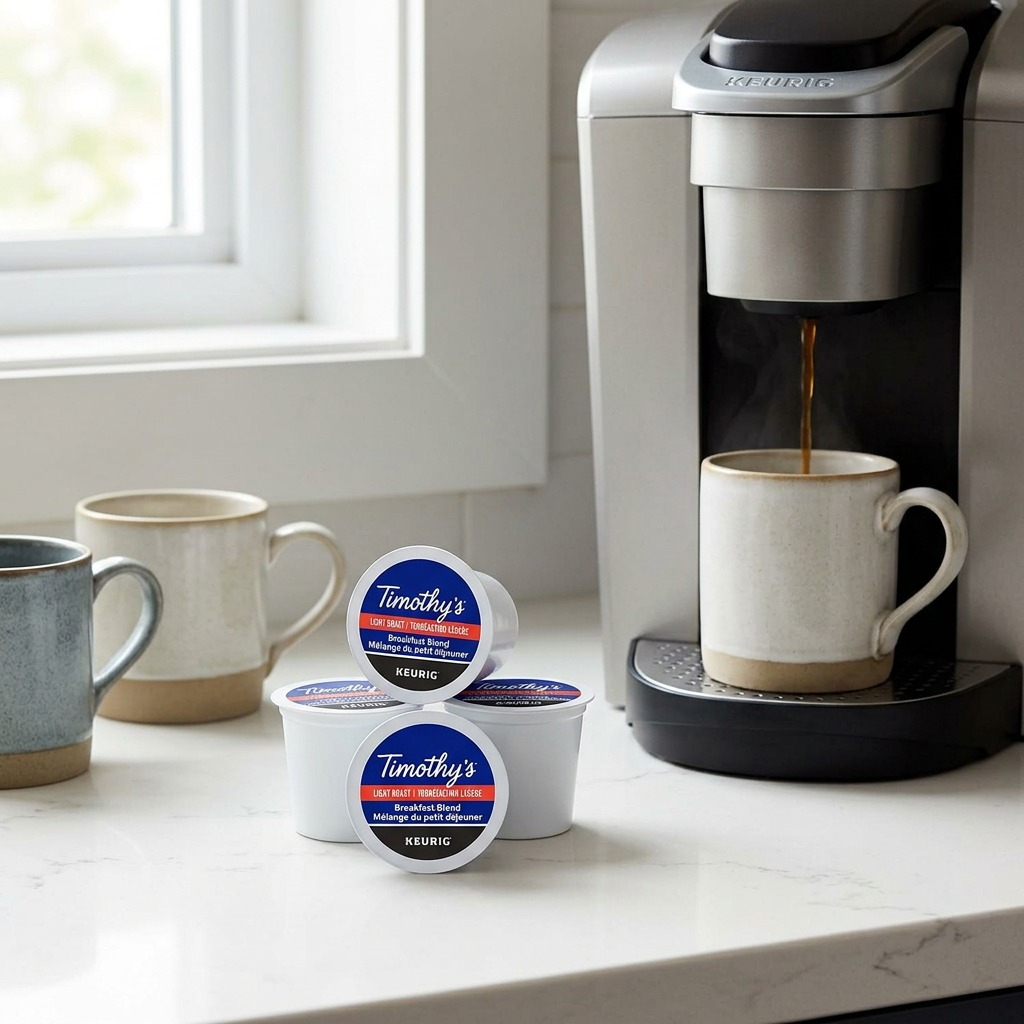 A lifestyle image featuring several Timothy's Breakfast Blend K-Cup pods next to a brewed mug and a classic coffee maker on a kitchen counter.