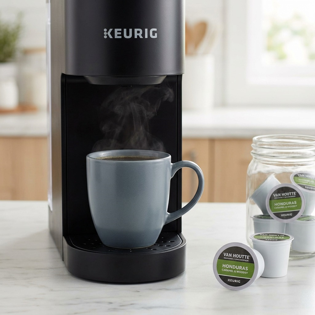 A lifestyle image showing Van Houtte Honduras K-Cup pods next to a Keurig machine on a kitchen counter in morning light.