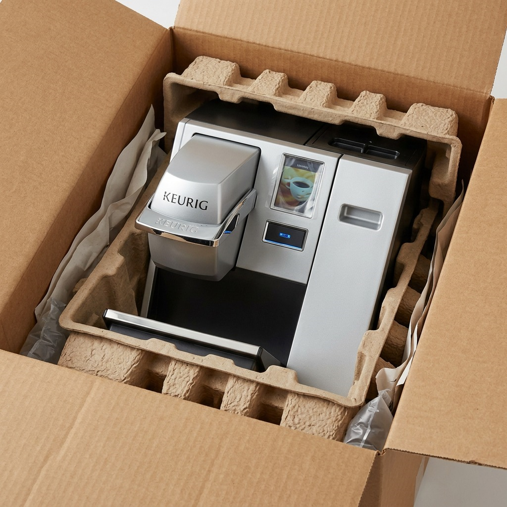 Close-up photo: Keurig K155 OfficePro coffee brewer meticulously padded inside a neutral protective shipping insert.