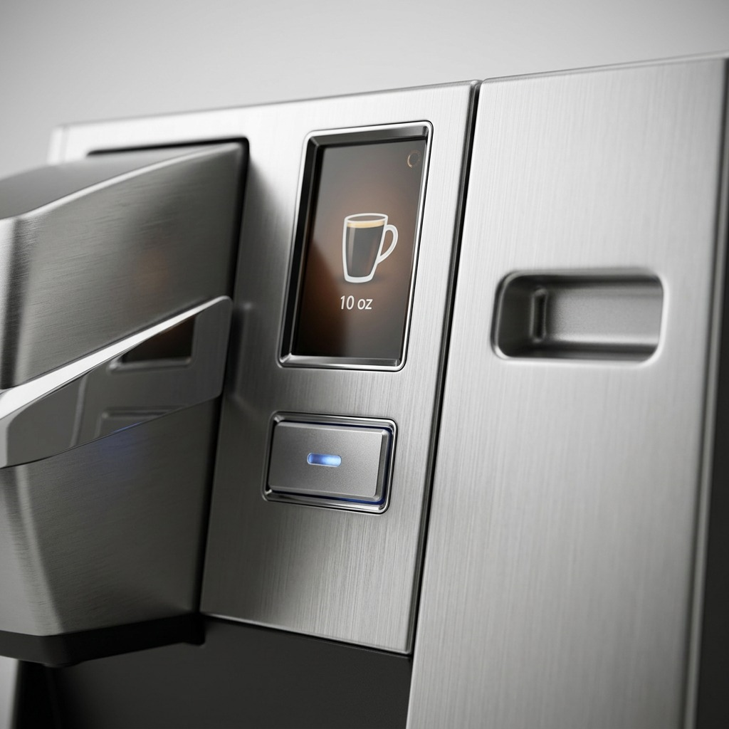 Extreme close-up of a premium, stainless steel commercial Keurig coffee brewer interface with clear controls.