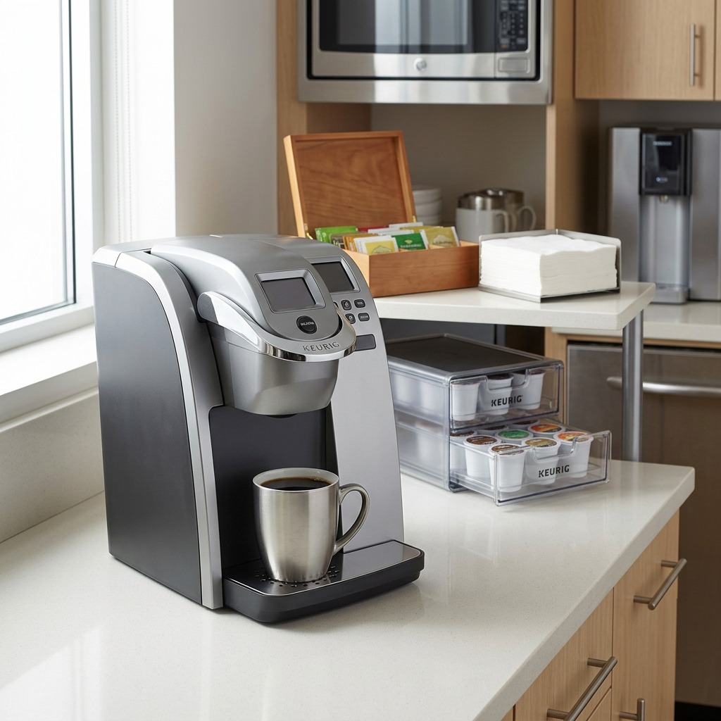 Lifestyle image of the KEURIG K155 brewers in an office breakroom setting.