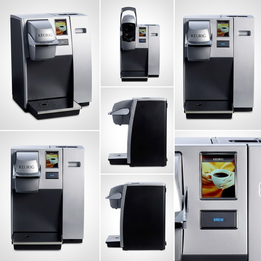 A matrix view of the Keurig K155 coffee maker showing five perspectives. The silver-and-black machine is presented in two frontal angles, two 45-degree views (left and right), and a detailed close-up of the brew brew compartment and screen, laid out on a clean light gray grid. The 'KEURIG' logo and button UI are consistent across all views, set against a brand-aligned gradient background. Each tile maintains realistic lighting and accurate proportions from the canonical product image.