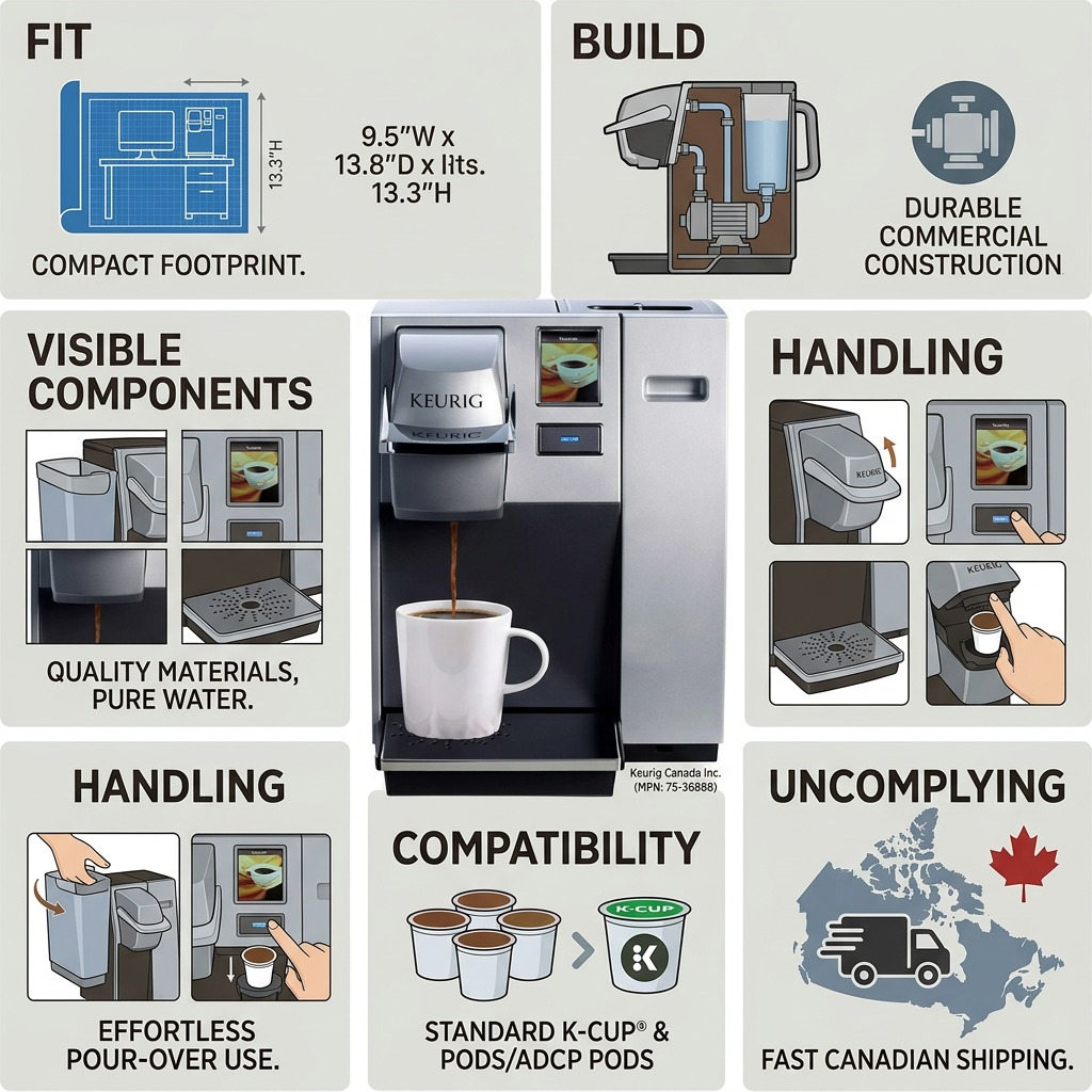 An infographic showing the Keurig K155 OfficePRO coffee brewer with bullet points and icons highlighting its key features and fast Canadian shipping.