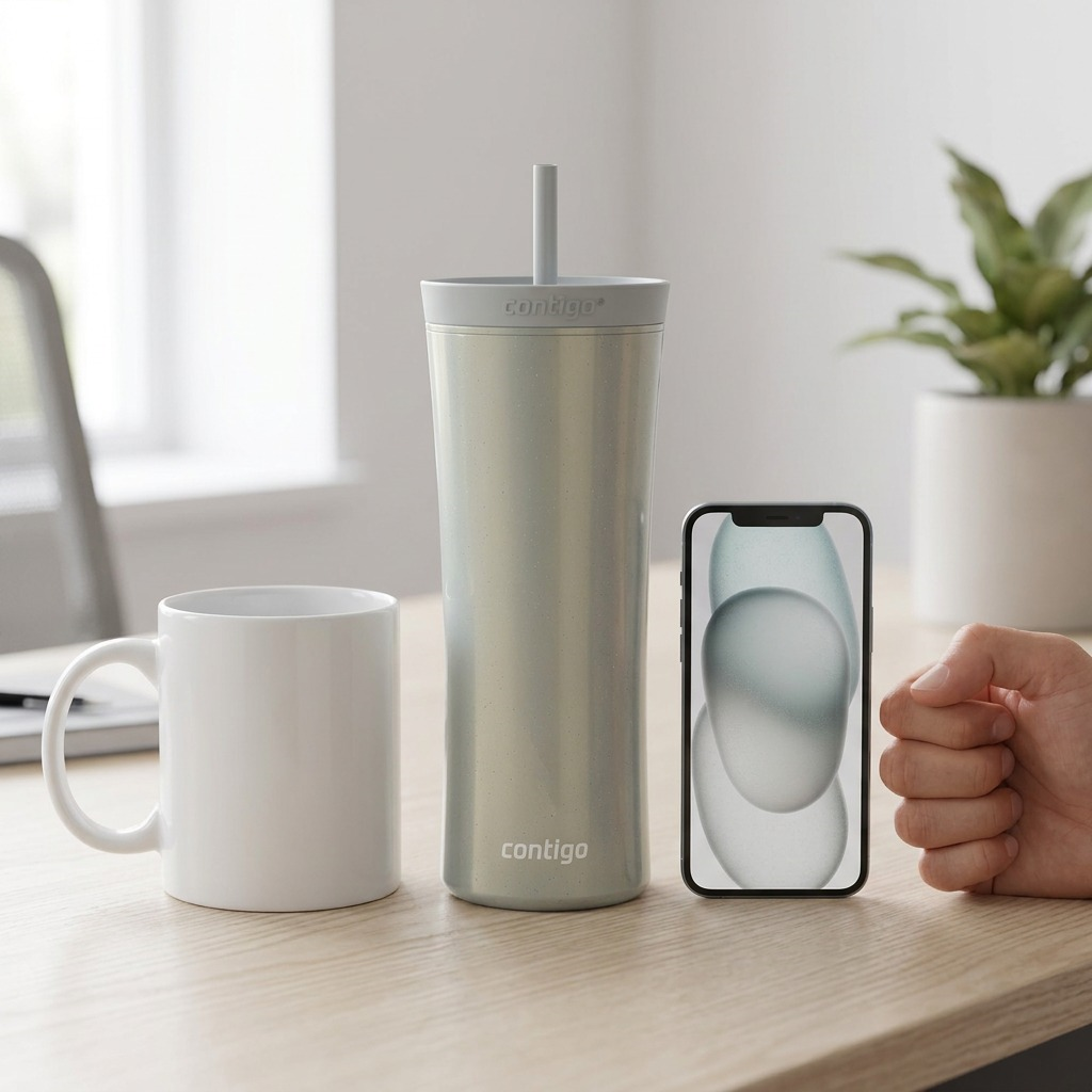 Hero shot of a silver Contigo 20 oz tumbler with straw, macaroon color.