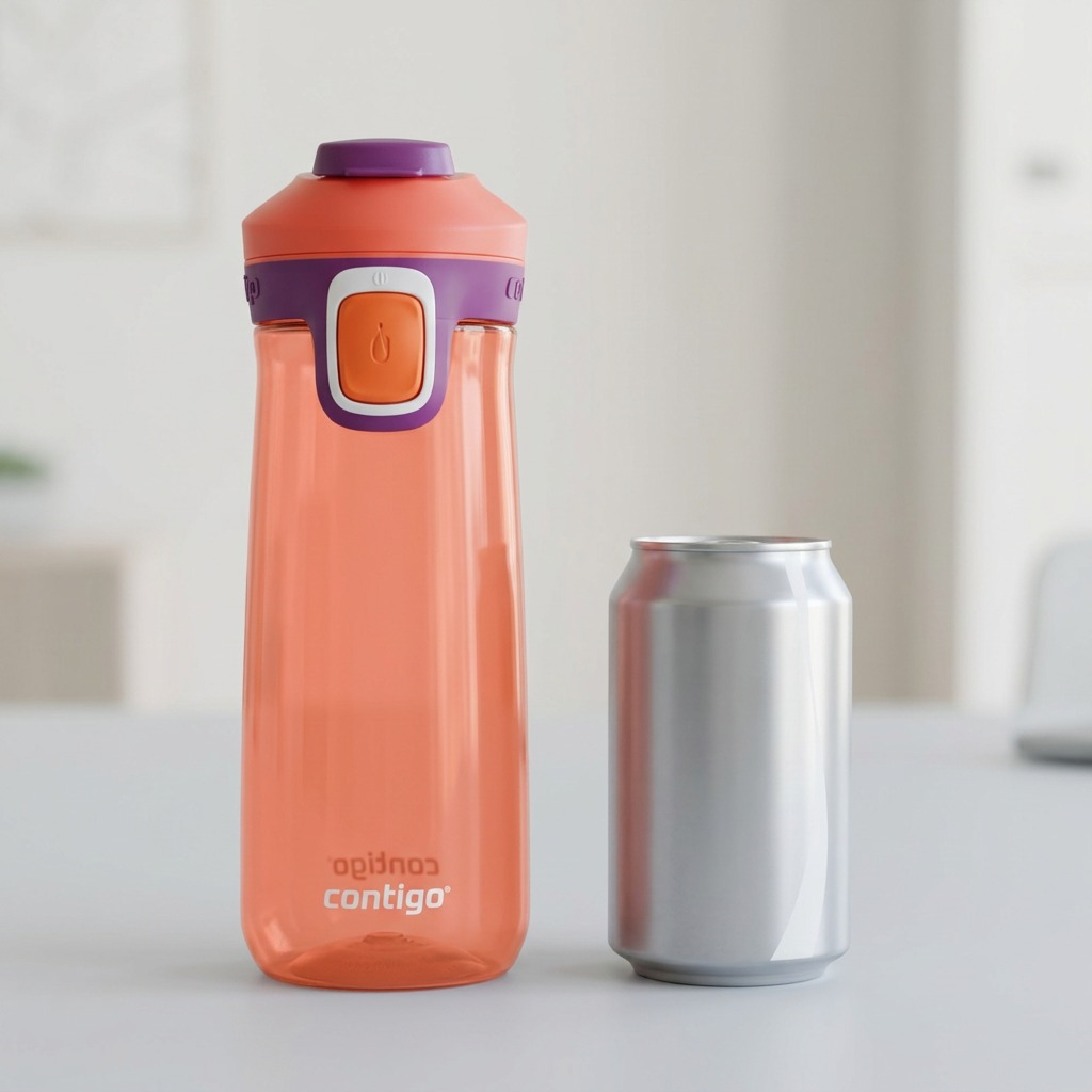 Pure, high-resolution front hero shot of the Contigo 20 oz Autoseal Casey water bottle (Coral/Grape) on white.