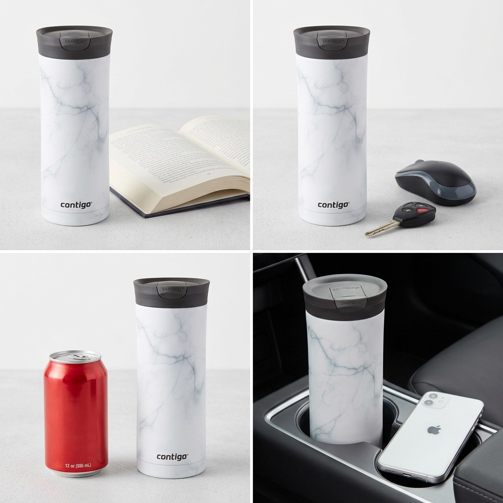 A high-resolution product shot of a 20 oz. Contigo Huron 2.0 Couture travel tumbler in a white marble design.