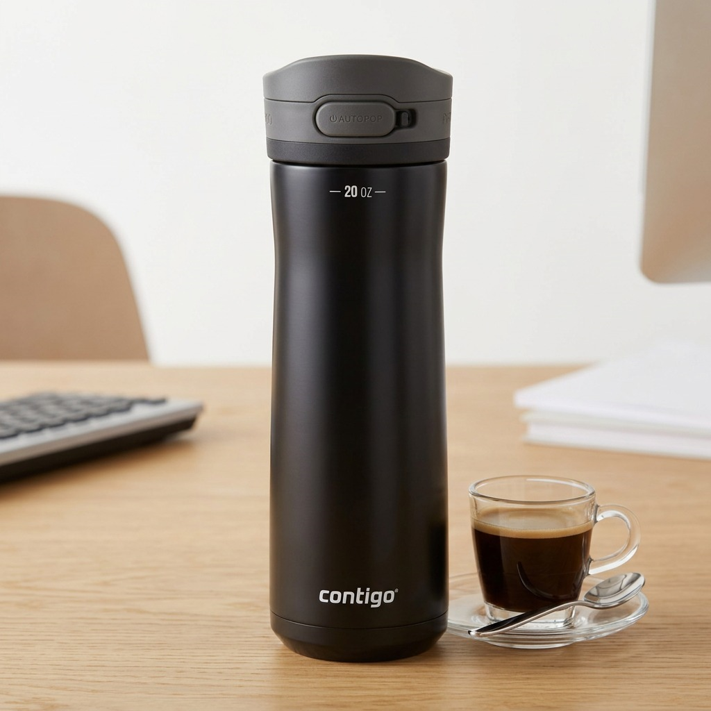 A high-resolution product shot of the black Contigo Jackson Chill 2.0 Water Bottle on a pure white background. The bottle is centered and upright, showing its textured grip and AUTOPOP lid with a red safety lock. The matte finish of the 20 oz stainless steel bottle is sharply defined, and a small Contigo logo is visible on the bottom edge.<ctrl46>
