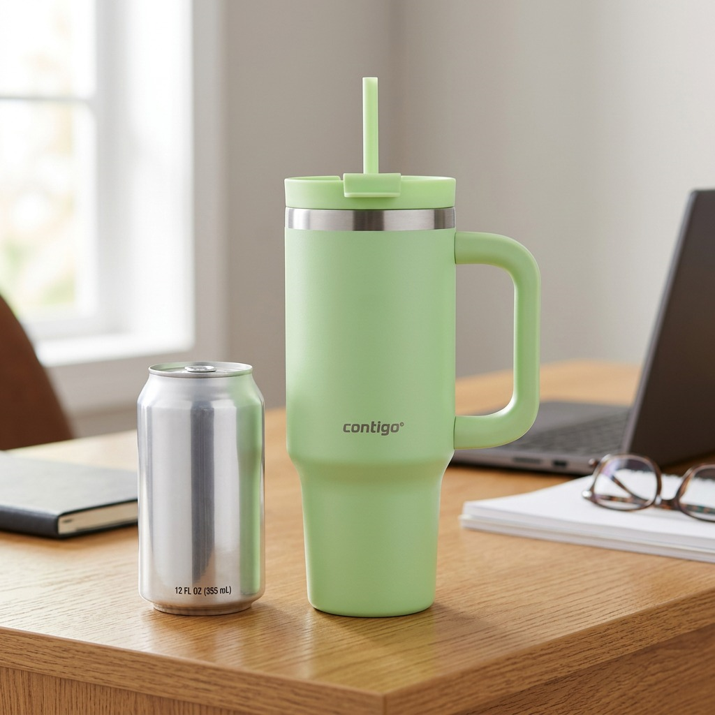 A high-resolution hero shot of the Contigo 30 oz Streeterville Tumbler, Cucumber color, standing centered against a pure white background.