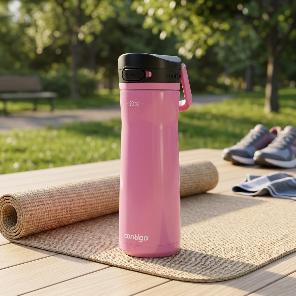 Contigo Jackson Chill 2.0 AUTOPOP – Bouteille d’eau isotherme 20 oz (591 ml), Azalea — gros plan du couvercle et des détails, réf. 2198353