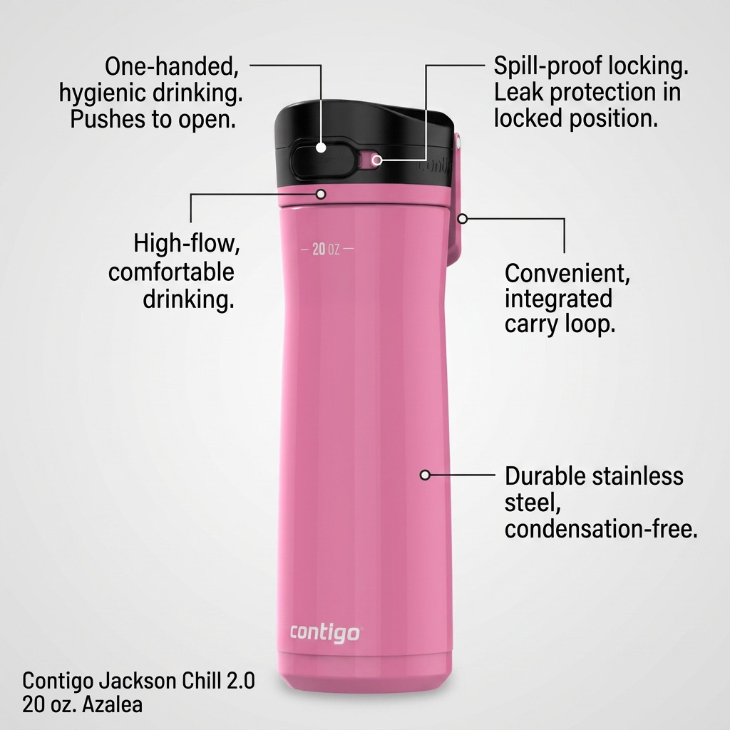 Contigo Jackson Chill 2.0 AUTOPOP – Bouteille d’eau isotherme 20 oz (591 ml), Azalea — infographie des caractéristiques, réf. 2198353