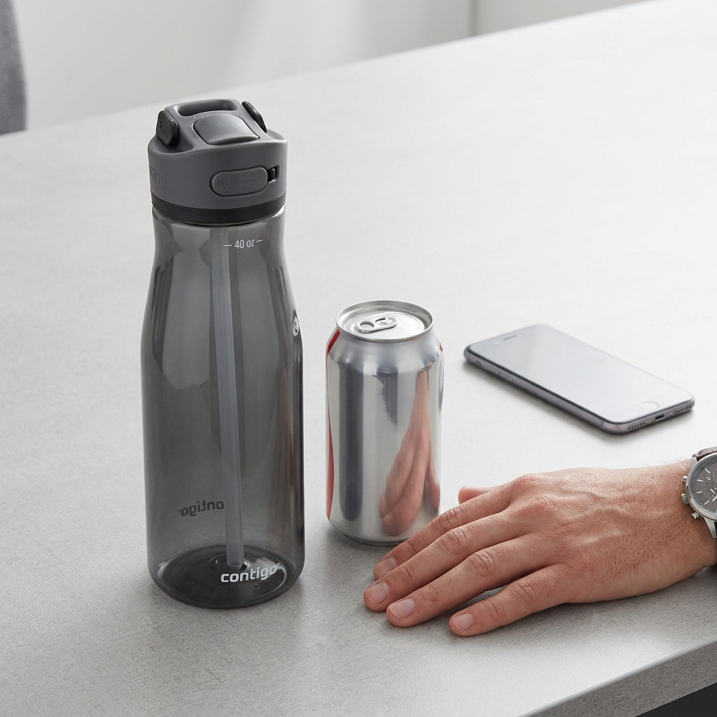 A flawless hero shot of the Contigo 40 oz Ashland 2.0 Licorice water bottle on a pure white background. The smoky grey bottle retains all original markings and the distinct grey lid.