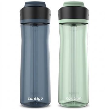 A pure high-resolution hero shot of two Contigo Ashland water bottles, one blueberry and one agave, centered on a crisp white background, as seen in image_0.png.