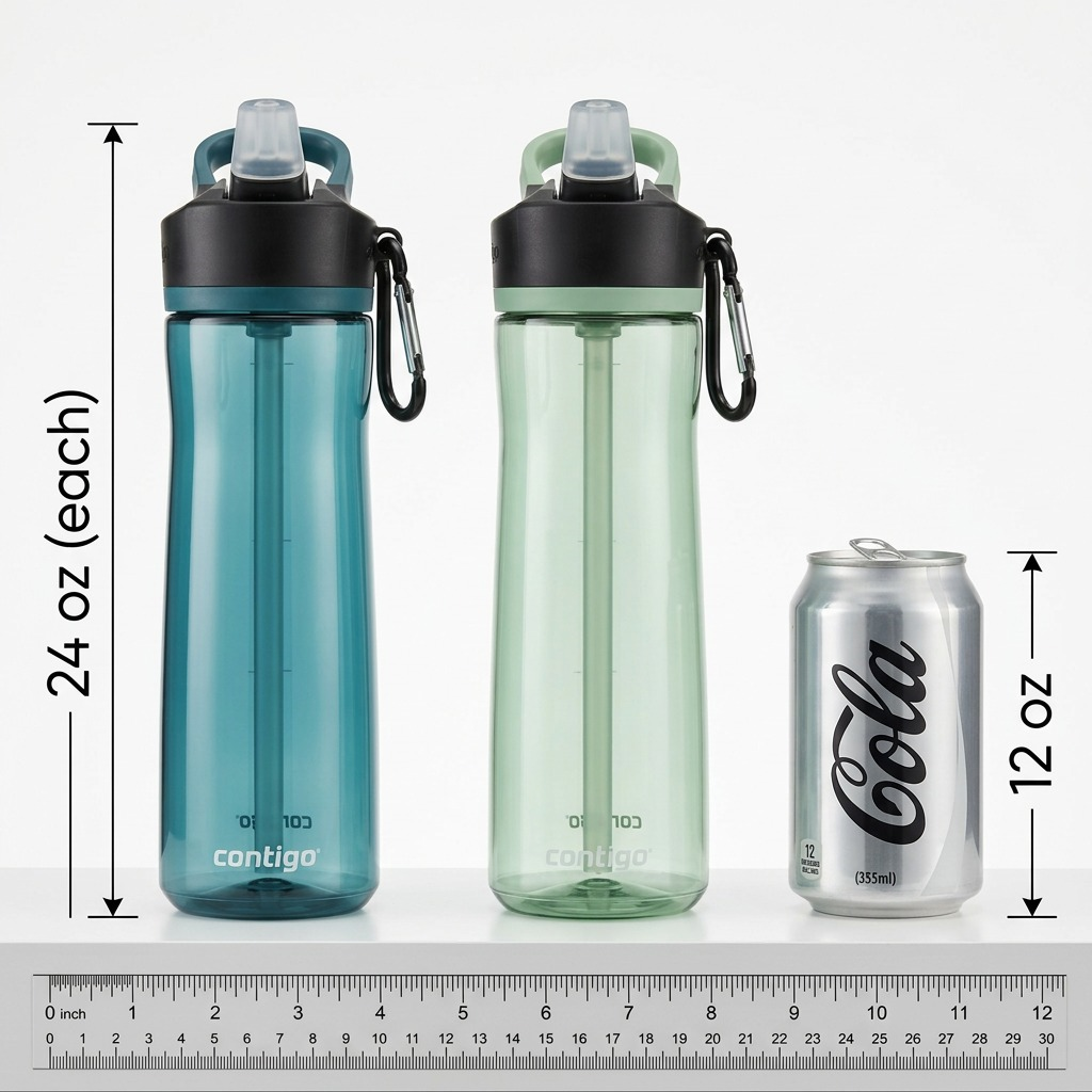 A pure high-resolution hero shot of two Contigo Ashland water bottles, one blueberry and one agave, centered on a crisp white background, as seen in image_0.png.