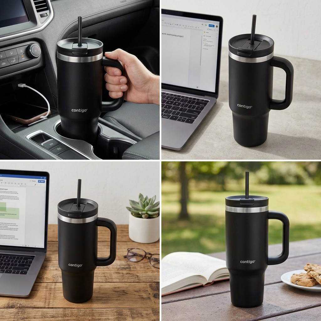 A pure, high-resolution hero shot of the Contigo Streeterville Leak-Proof Tumbler in Licorice, showing its unique shape, handl and straw.