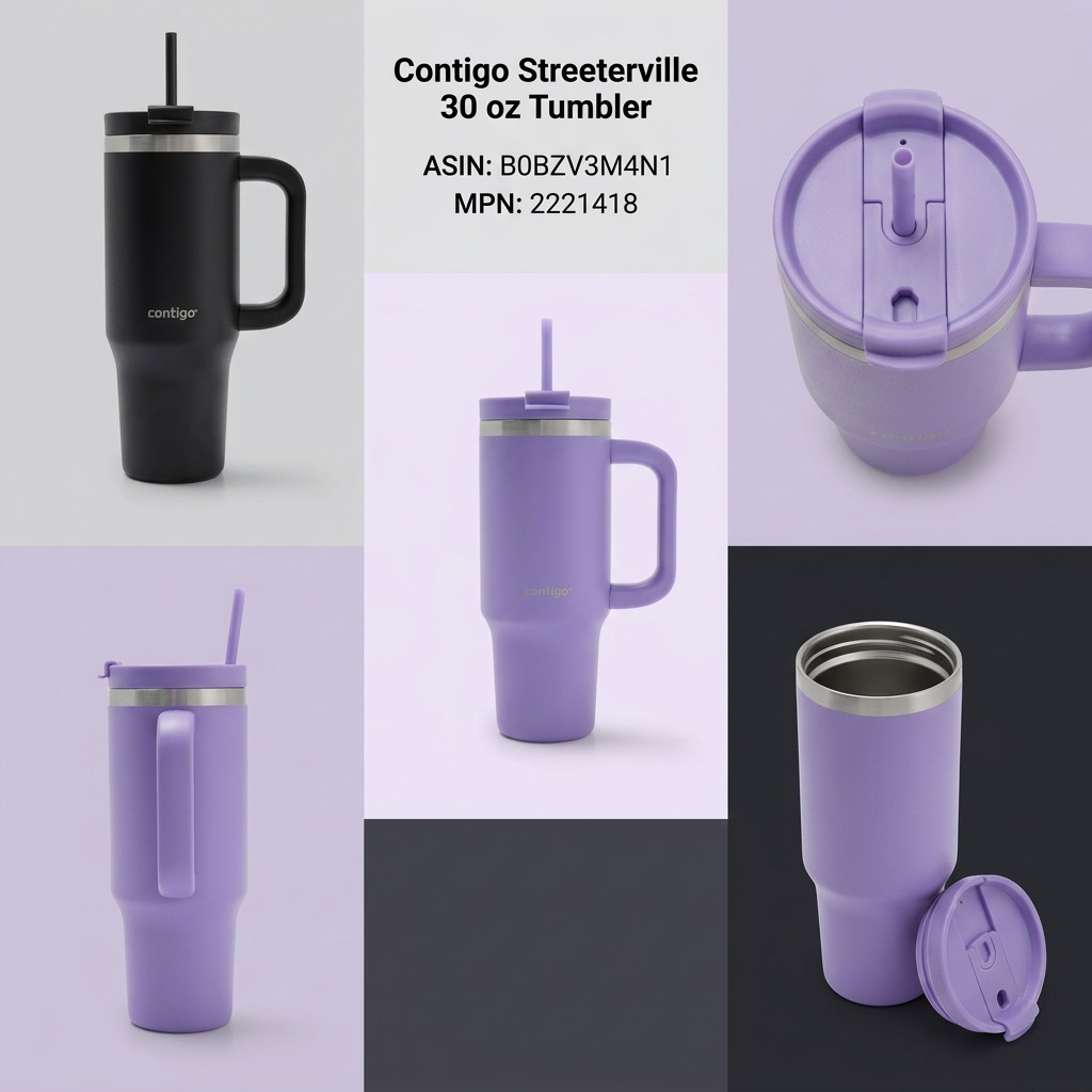 Contigo Streeterville – Gobelet antifuite 30 oz (887 ml), Space Lilac — infographie des caractéristiques, réf. 2221418