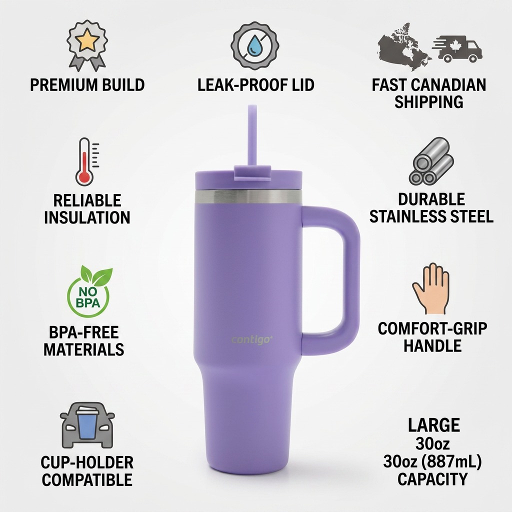 Contigo Streeterville – Gobelet antifuite 30 oz (887 ml), Space Lilac — infographie des caractéristiques, réf. 2221418